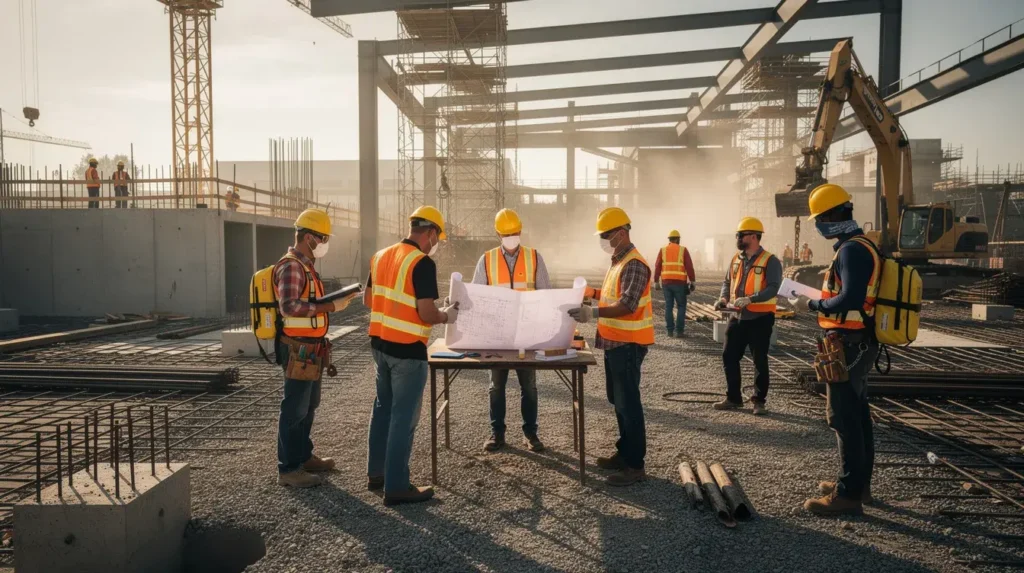 The image depicts construction workers wearing hard hats and safety vests, actively engaged in a large industrial construction site, likely related to the development of a new nuclear power plant. The scene emphasizes the importance of safety and teamwork in the construction of facilities that are integral to the nuclear energy industry.