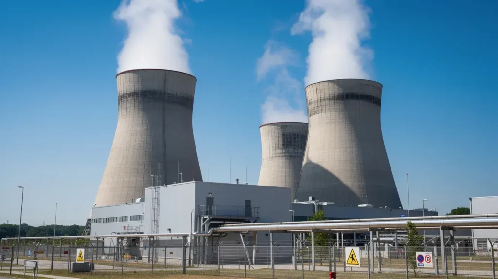 The image depicts a modern nuclear power plant featuring large cooling towers set against a clear blue sky, highlighting the infrastructure of nuclear energy generation. This facility represents advancements in nuclear technology and the ongoing role of nuclear power plants in electricity generation.
