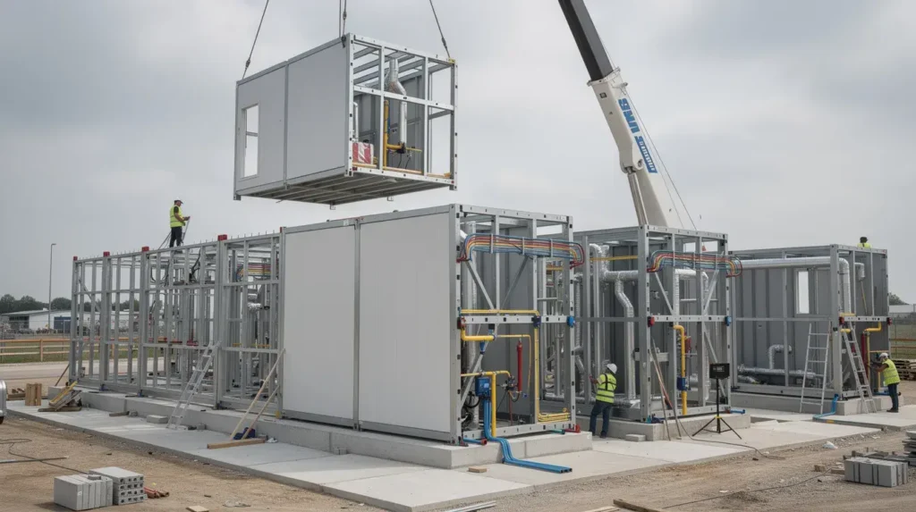 The image depicts a compact modular industrial facility where prefabricated components are being assembled, illustrating advancements in nuclear power plant construction. This innovative approach aims to reduce capital costs and construction delays associated with traditional nuclear power generation methods.