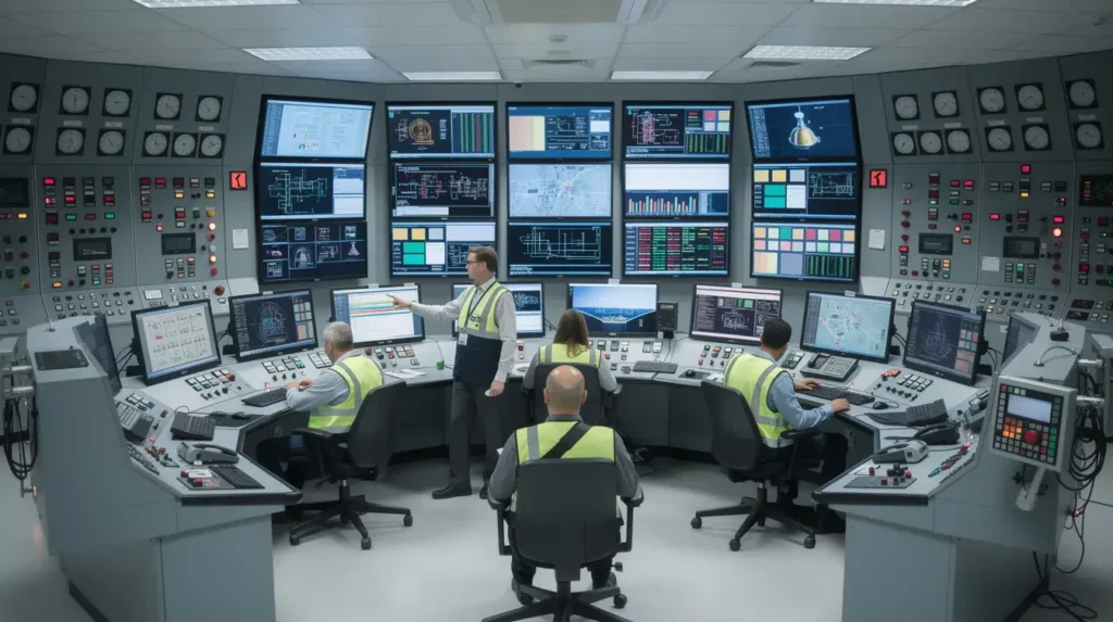 The image depicts a nuclear power plant control room where operators are attentively monitoring multiple screens and control panels, overseeing the operational aspects of nuclear energy generation. This environment highlights the critical role of personnel in managing existing nuclear plants and ensuring the safe and efficient production of electricity.