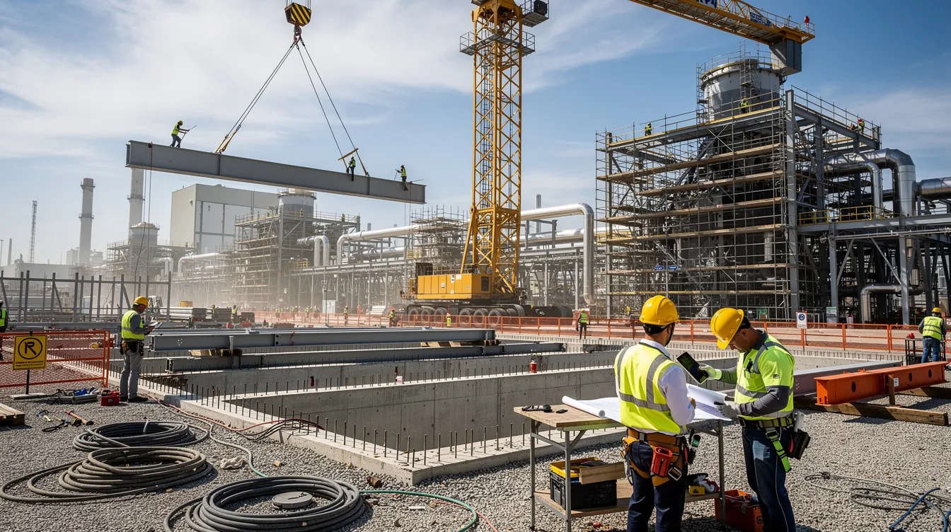 The image shows construction workers actively engaged at a large industrial power plant site, surrounded by cranes and safety equipment, indicating the development of advanced nuclear projects. This site is likely part of America's energy infrastructure, focusing on reliable and clean energy solutions, such as the natrium advanced reactor.